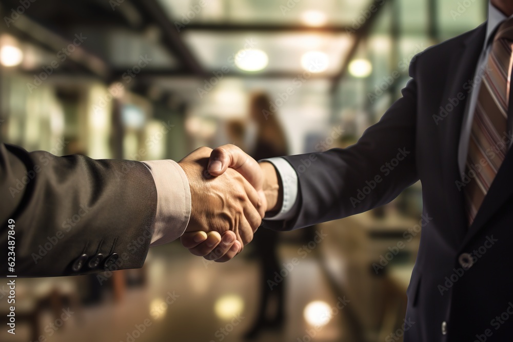 Two confident businesspeople wearing formal attire shake hands in commercial business setting. Made with Generative AI.