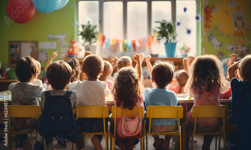 kids going back to school in a happy colorful classroom photo