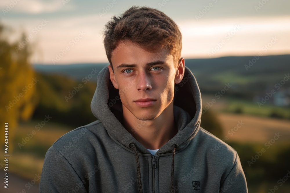 Close-up portrait photography of a satisfied mature boy wearing a cozy zip-up hoodie against a picturesque countryside background. With generative AI technology Close-up portrait photography of a satisfied mature boy wearing a cozy zip-up hoodie against a picturesque countryside background. With generative AI technology