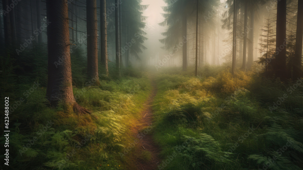 Fototapeta premium A narrow path through spruce forest in evening light with fog in summer. Generative AI