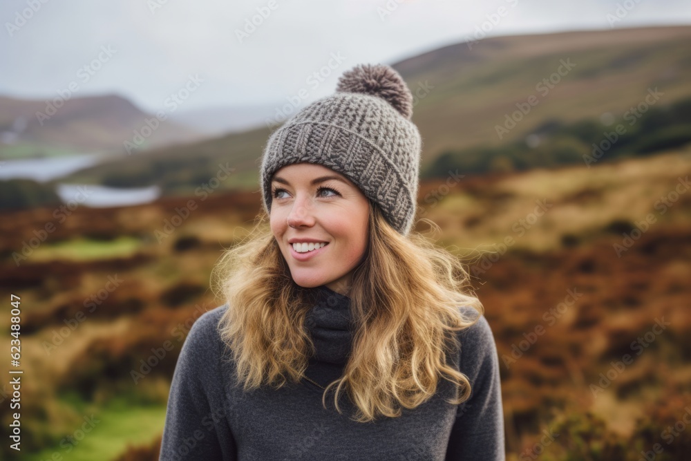 Lifestyle portrait photography of a glad mature girl wearing a warm beanie or knit hat against a picturesque countryside background. With generative AI technology Lifestyle portrait photography of a glad mature girl wearing a warm beanie or knit hat against a picturesque countryside background. With generative AI technology