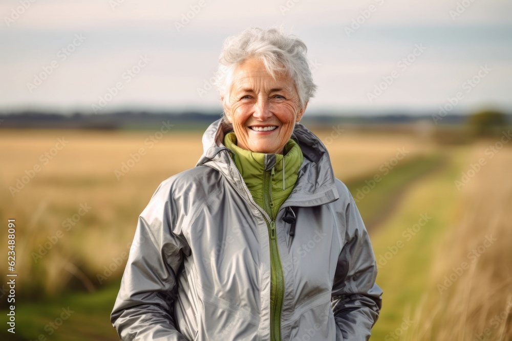 Editorial portrait photography of a glad mature girl wearing a lightweight windbreaker against a picturesque countryside background. With generative AI technology Editorial portrait photography of a glad mature girl wearing a lightweight windbreaker against a picturesque countryside background. With generative AI technology
