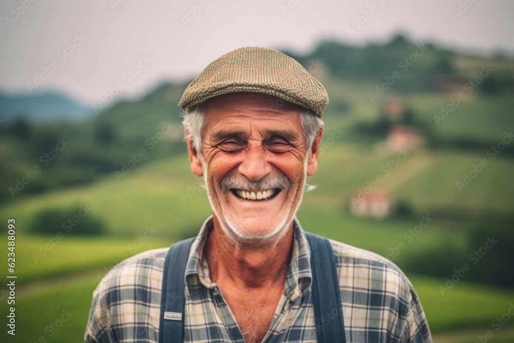 Environmental portrait photography of a happy old man wearing a cool cap or hat against a picturesque countryside background. With generative AI technology Environmental portrait photography of a happy old man wearing a cool cap or hat against a picturesque countryside background. With generative AI technology