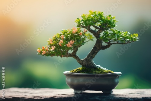 Close up of small bonsai tree with blurred background. Generative AI