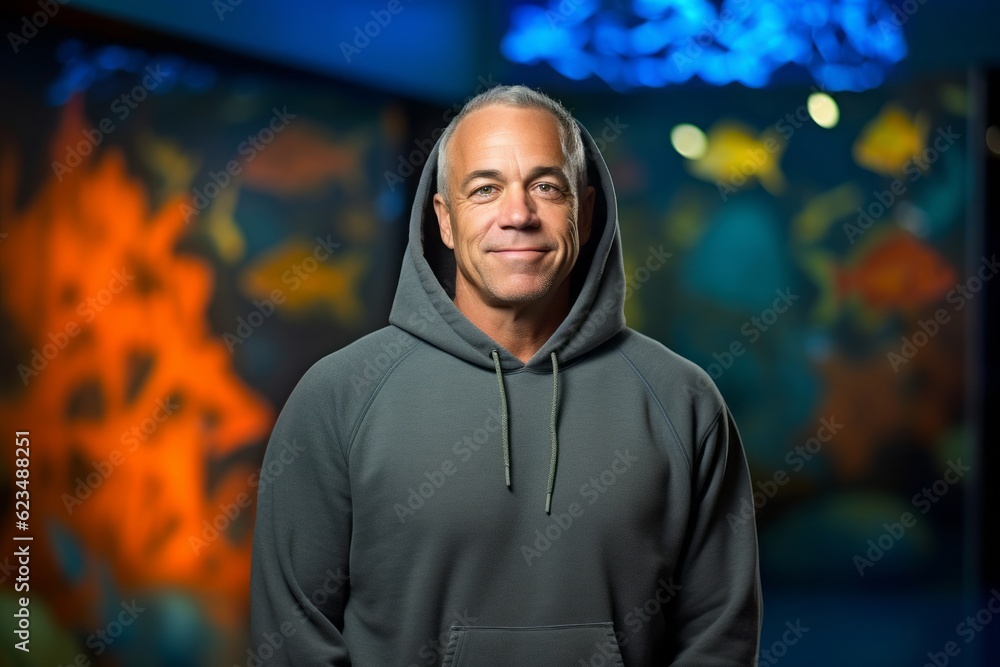 Headshot portrait photography of a glad mature man wearing a comfortable hoodie against a vibrant aquarium background. With generative AI technology