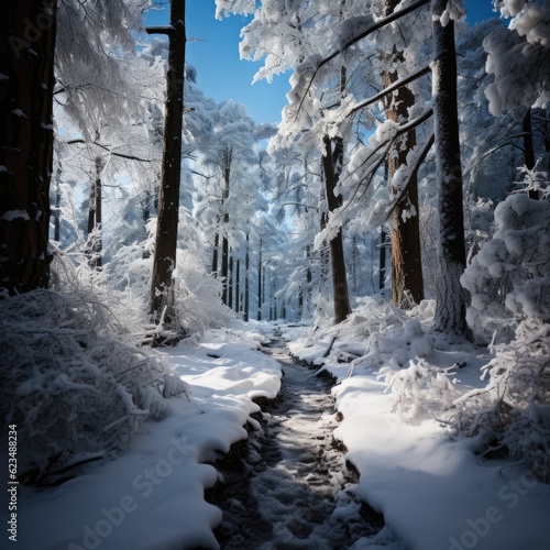 Beautiful landscape, snowy road in the forest between the trees, winter sseason. Generative AI © kardaska