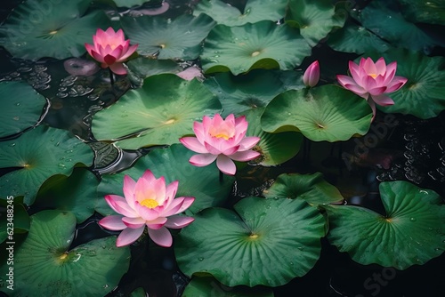 Lotus or red water lily in garden pond. Generative AI