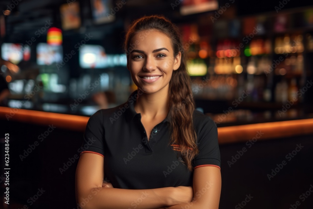 Medium shot portrait photography of a grinning girl in her 30s wearing a sporty polo shirt against a lively sports bar background. With generative AI technology Medium shot portrait photography of a grinning girl in her 30s wearing a sporty polo shirt against a lively sports bar background. With generative AI technology