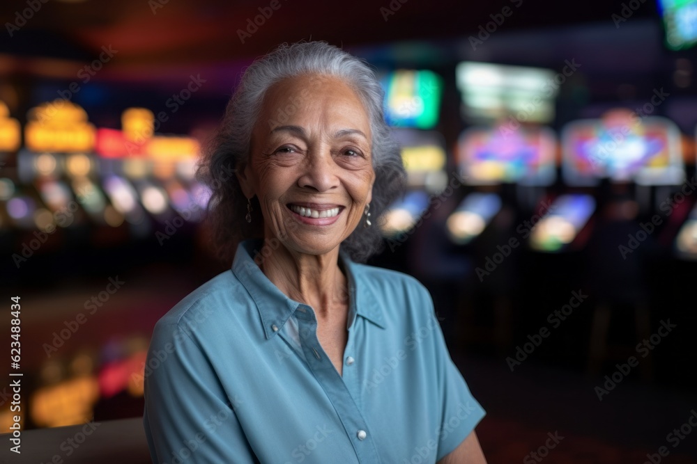 Medium shot portrait photography of a grinning mature woman wearing a classy button-up shirt against a lively sports bar background. With generative AI technology Medium shot portrait photography of a grinning mature woman wearing a classy button-up shirt against a lively sports bar background. With generative AI technology