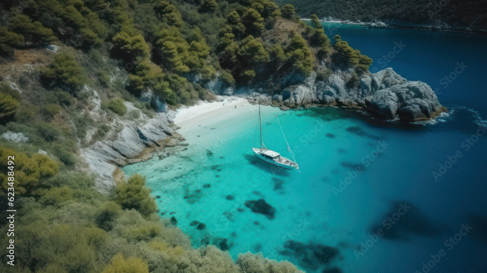 Aerial drone view of Oludeniz Blue Lagoon with turquoise sea, paradise white sand beach and tourist boat. Generative AI