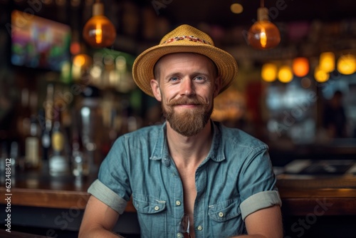 Lifestyle portrait photography of a glad boy in his 30s wearing a stylish sun hat against a lively sports bar background. With generative AI technology
