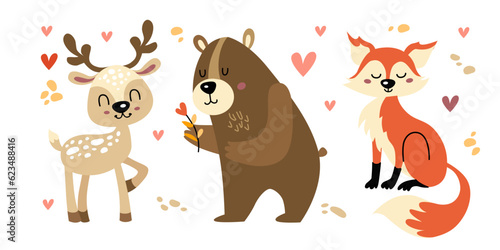 Cute Woodland Animals Set and Forest Elements. Colorful vector illustration in flat style. Bear, fox, deer.
