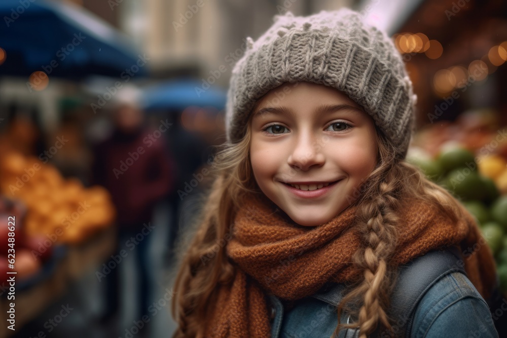 Close-up portrait photography of a glad kid female wearing a cozy sweater against a bustling farmer's market background. With generative AI technology Close-up portrait photography of a glad kid female wearing a cozy sweater against a bustling farmer's market background. With generative AI technology