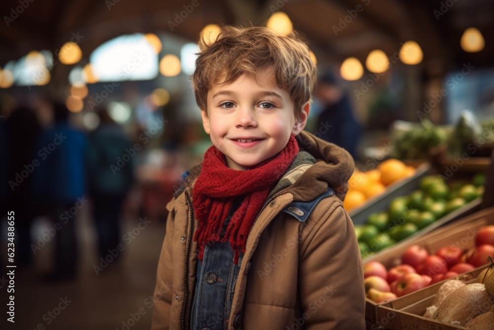 Studio portrait photography of a happy kid male wearing a cozy winter coat against a bustling farmer's market background. With generative AI technology Studio portrait photography of a happy kid male wearing a cozy winter coat against a bustling farmer's market background. With generative AI technology