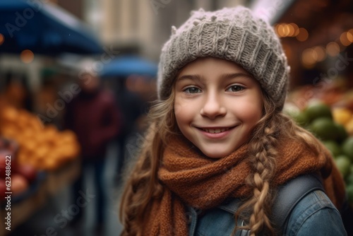 Close-up portrait photography of a glad kid female wearing a cozy sweater against a bustling farmer's market background. With generative AI technology © Markus Schröder