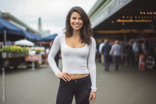Urban fashion portrait photography of a glad girl in her 30s wearing a versatile pair of leggings against a bustling farmer's market background. With generative AI technology