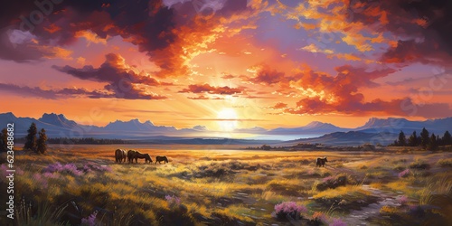 AI Generated. AI Generative. Wild horses on field meadow nature outdoor landscape. Relaxing calm inner peace vacation adventure western sountryside lifestyle vibe. Graphic Art