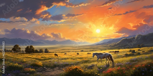 AI Generated. AI Generative. Wild horses on field meadow nature outdoor landscape. Relaxing calm inner peace vacation adventure western sountryside lifestyle vibe. Graphic Art