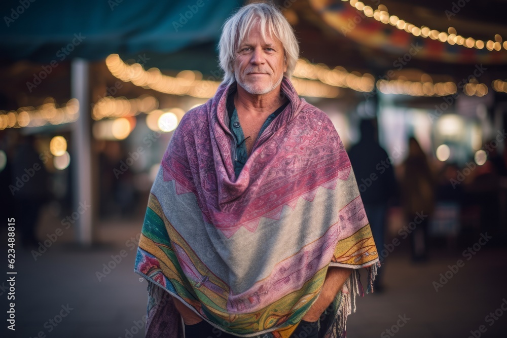 Casual fashion portrait photography of a tender mature man wearing a unique poncho against a lively concert venue background. With generative AI technology