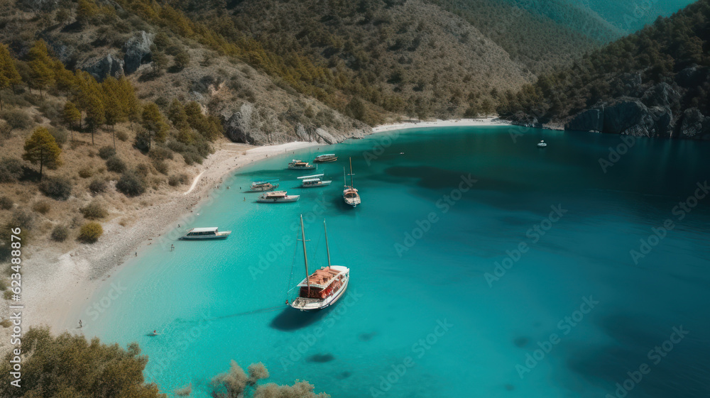 Aerial drone view of Oludeniz Blue Lagoon with turquoise sea, paradise white sand beach and tourist boat. Generative AI Aerial drone view of Oludeniz Blue Lagoon with turquoise sea, paradise white sand beach and tourist boat. Generative AI