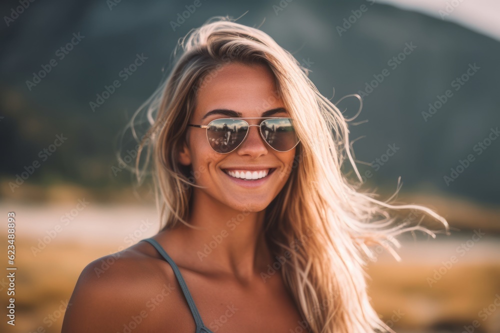 Studio portrait photography of a grinning girl in her 30s wearing a daring bikini and trendy sunglasses against a historic battlefield background. With generative AI technology Studio portrait photography of a grinning girl in her 30s wearing a daring bikini and trendy sunglasses against a historic battlefield background. With generative AI technology
