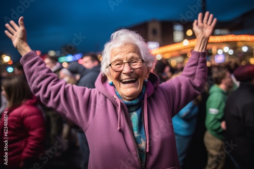 Environmental portrait photography of a joyful old woman wearing a comfortable hoodie against a lively concert venue background. With generative AI technology