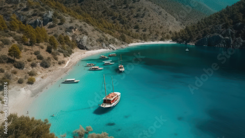 Aerial drone view of Oludeniz Blue Lagoon with turquoise sea, paradise white sand beach and tourist boat. Generative AI