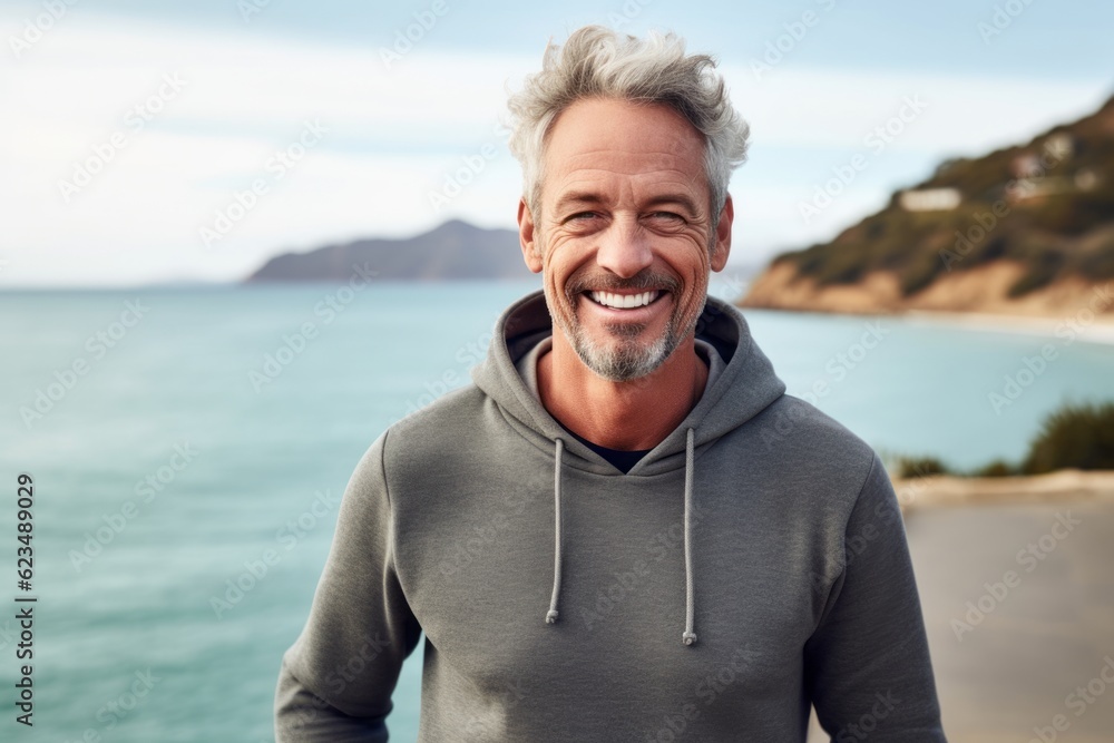 Environmental portrait photography of a joyful mature man wearing a stylish hoodie against a scenic lagoon background. With generative AI technology