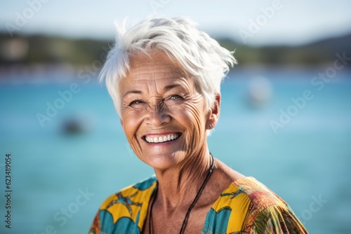 Casual fashion portrait photography of a grinning old woman wearing underclothing against a scenic lagoon background. With generative AI technology