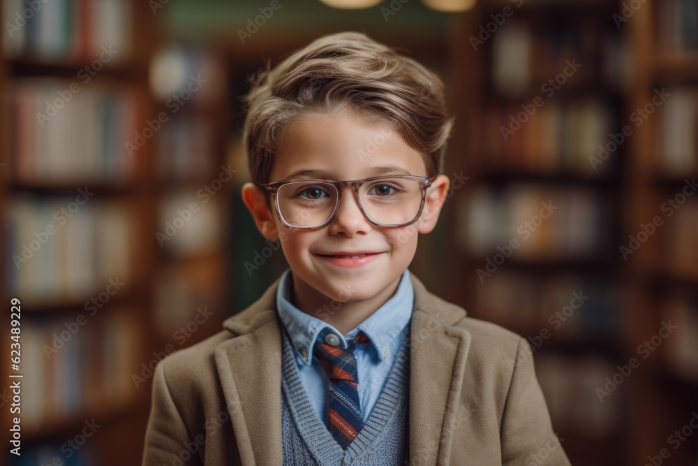 Close-up portrait photography of a joyful mature boy wearing a versatile overcoat against a quiet library background. With generative AI technology Close-up portrait photography of a joyful mature boy wearing a versatile overcoat against a quiet library background. With generative AI technology