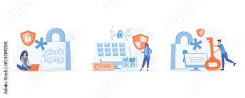 Cyber security concept, privacy data protection, personal cyberspace data security, set flat vector modern illustration 