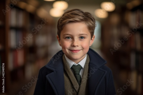 Close-up portrait photography of a joyful mature boy wearing a versatile overcoat against a quiet library background. With generative AI technology