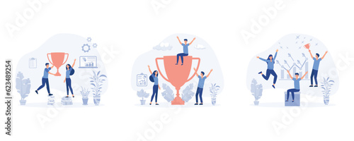 Succes team concept, people celebrate success achievment, jumps in the air with trophy cup, set flat vector modern illustration 