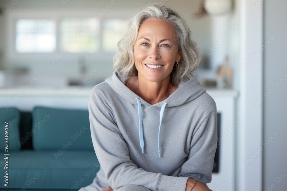 Lifestyle portrait photography of a happy mature woman wearing a comfortable hoodie against a serene meditation space background. With generative AI technology