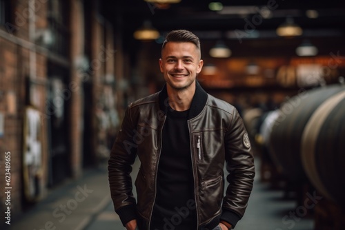 Sports portrait photography of a glad boy in his 30s wearing a sleek bomber jacket against a lively brewery background. With generative AI technology