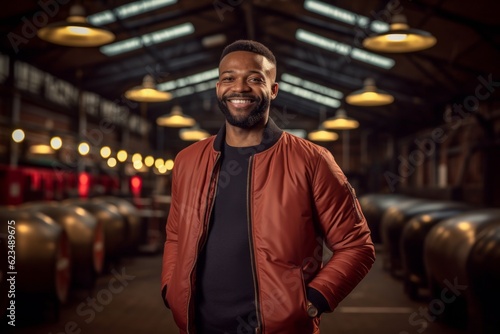 Sports portrait photography of a glad boy in his 30s wearing a sleek bomber jacket against a lively brewery background. With generative AI technology