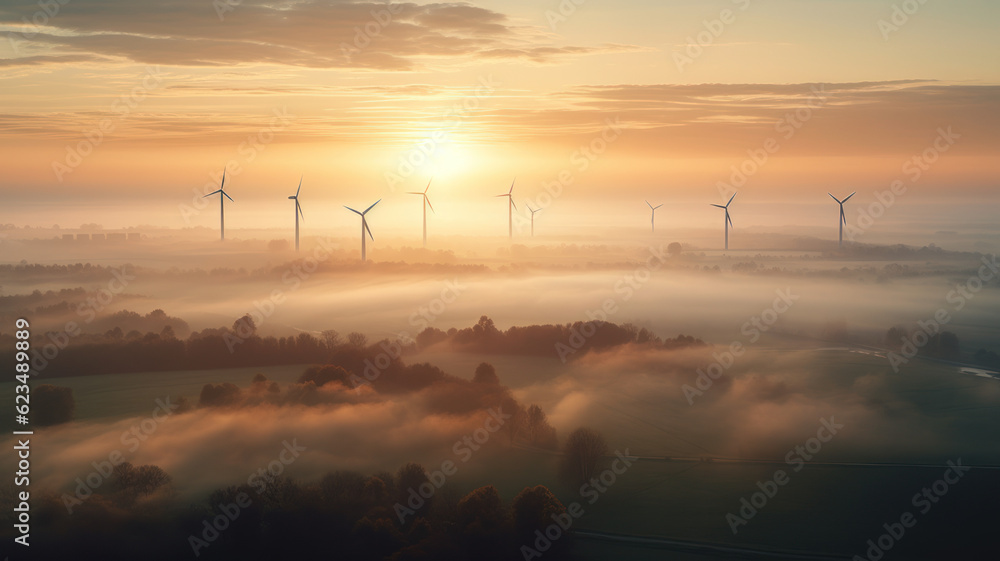 Aerial view of wind turbines shrouded in clouds at sunrise Generative AI