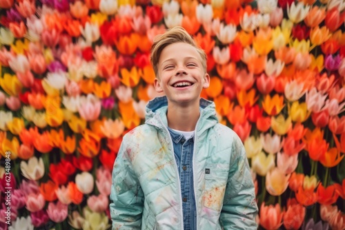 Medium shot portrait photography of a joyful kid male wearing a lightweight windbreaker against a colorful tulipfield background. With generative AI technology