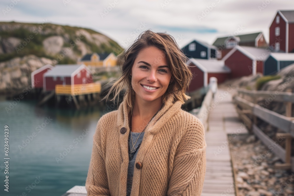 Studio portrait photography of a glad girl in her 30s wearing a chic cardigan against a picturesque fishing village background. With generative AI technology