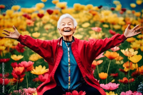 Editorial portrait photography of a joyful old woman wearing a comfortable tracksuit against a colorful tulipfield background. With generative AI technology photo