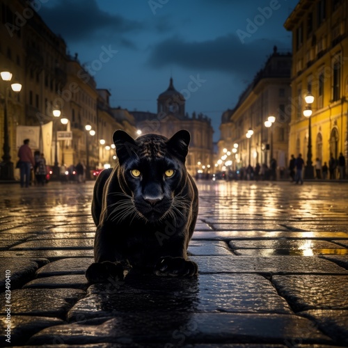 Photo of a black panther sitting in the middle of a street.generative ai