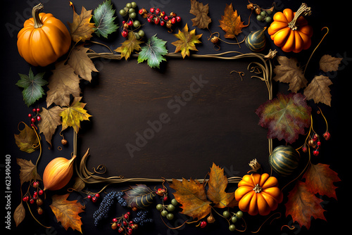 Dark frame with autumn harvest or Thanksgiving day pumpkins, fall leaves and fruits, generative ai
