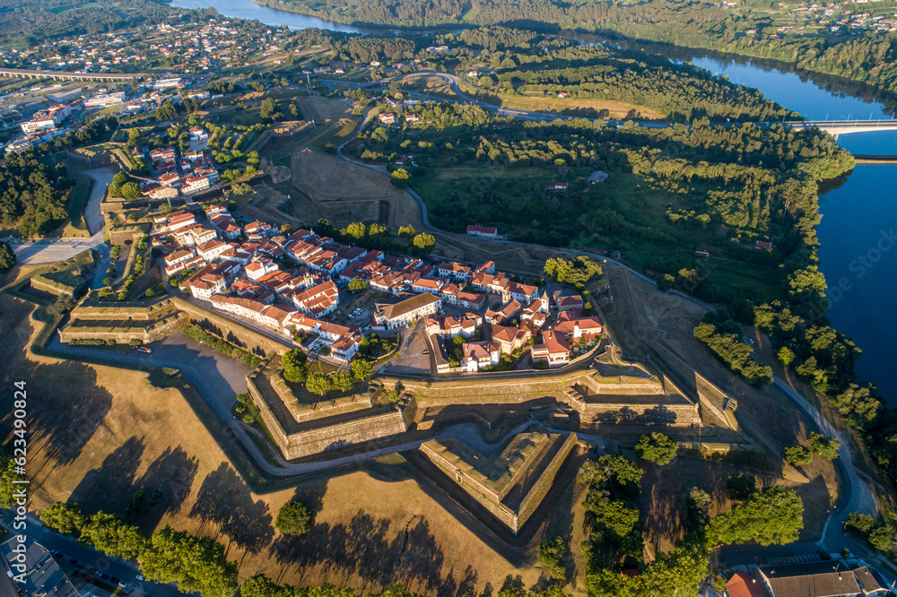 aerial drone view at sunrise of the fortified city of Valença do Minho, Portugal