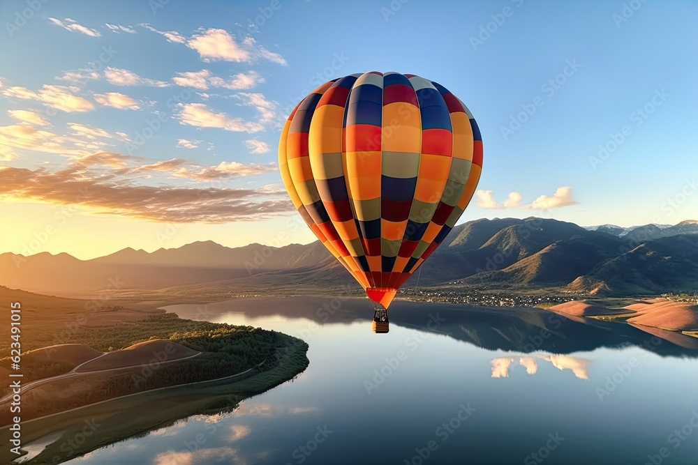Fototapeta premium Beautiful view of mountains and lake, aerostat fly hot baloon