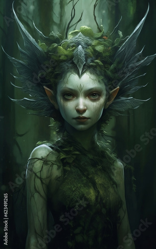 Fotótapéta Portrait of an evil forest pixie standing in dark green forest looking to view,