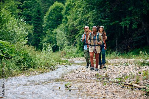 Multiracial group of hikers walking by mountain creek.