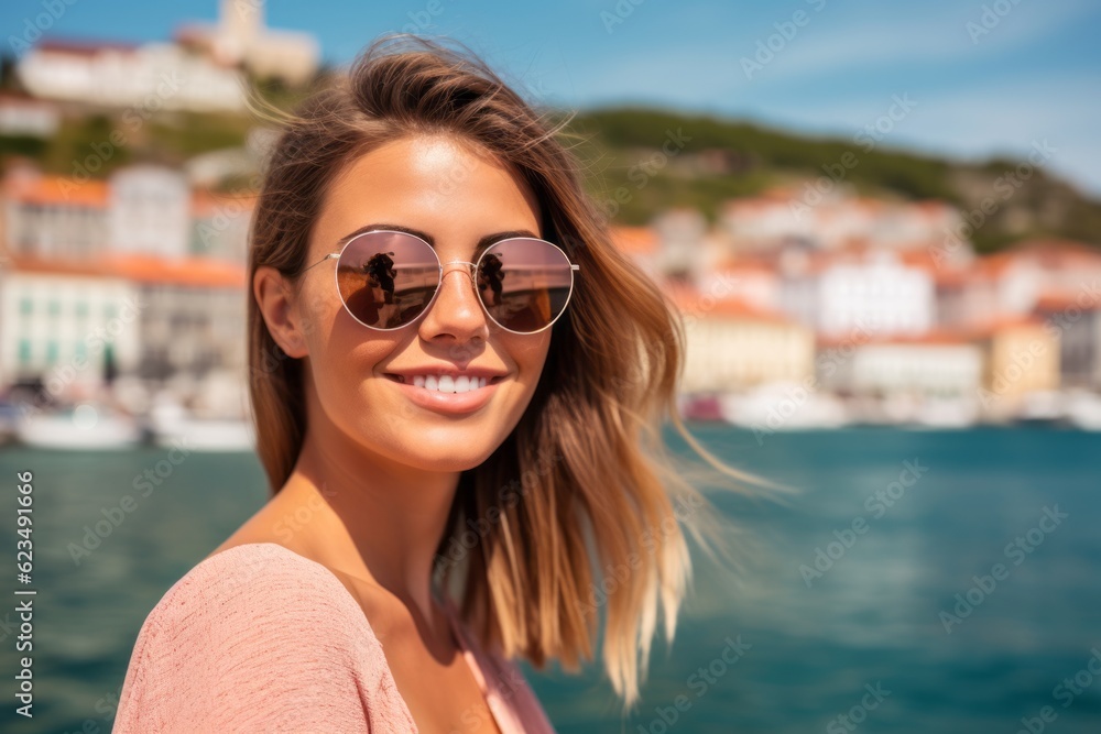 Casual fashion portrait photography of a glad girl in her 30s wearing a trendy sunglasses against a picturesque fishing village background. With generative AI technology Casual fashion portrait photography of a glad girl in her 30s wearing a trendy sunglasses against a picturesque fishing village background. With generative AI technology
