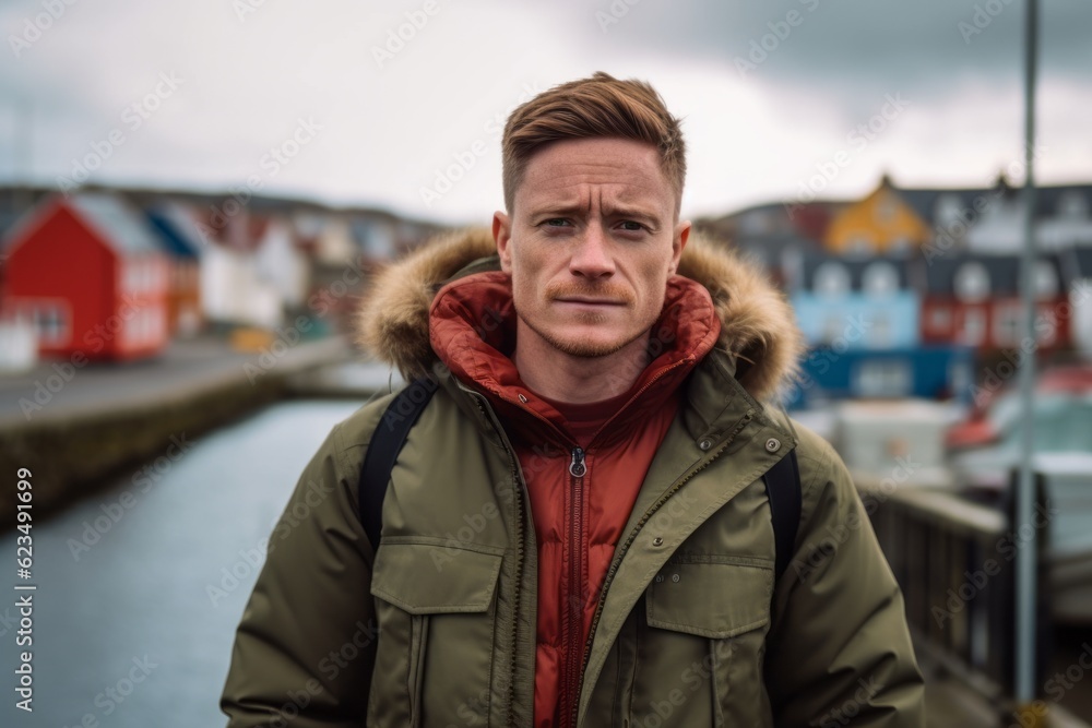 Photography in the style of pensive portraiture of a grinning boy in his 30s wearing a warm parka against a picturesque fishing village background. With generative AI technology Photography in the style of pensive portraiture of a grinning boy in his 30s wearing a warm parka against a picturesque fishing village background. With generative AI technology