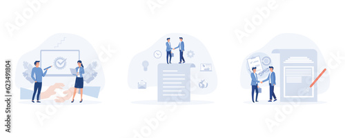 digital contract. signing digital document with electronic signature. people standing on a signed contract, set flat vector modern illustration