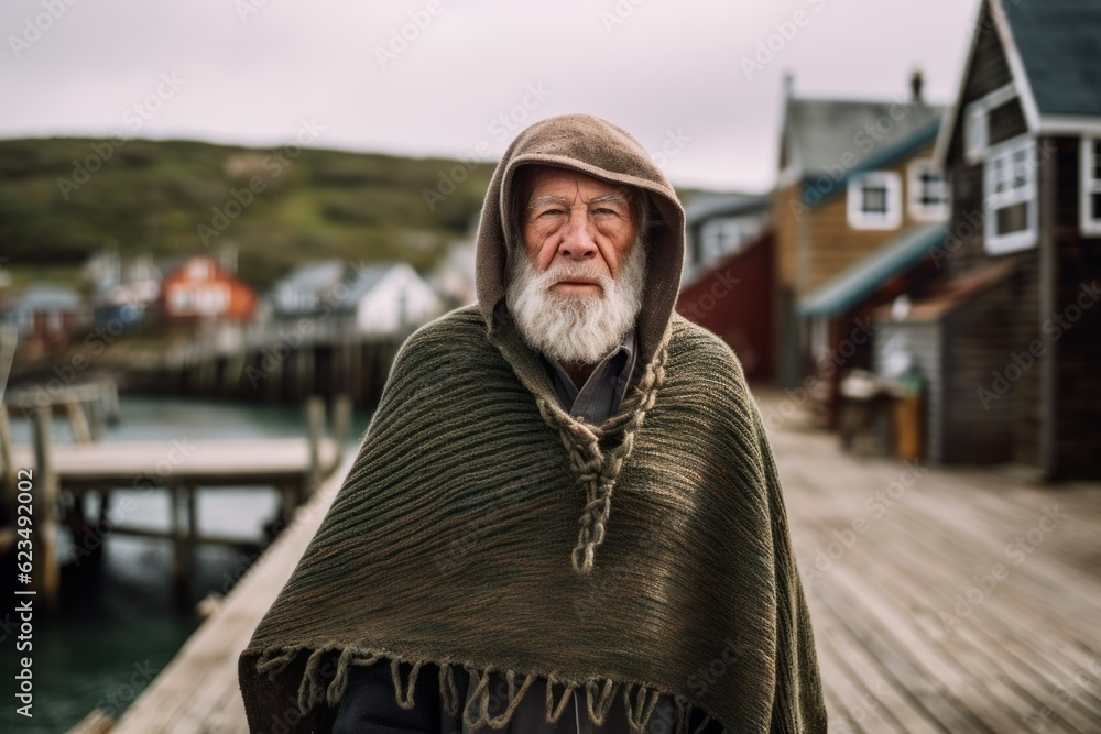 Lifestyle portrait photography of a glad old man wearing a unique poncho against a picturesque fishing village background. With generative AI technology